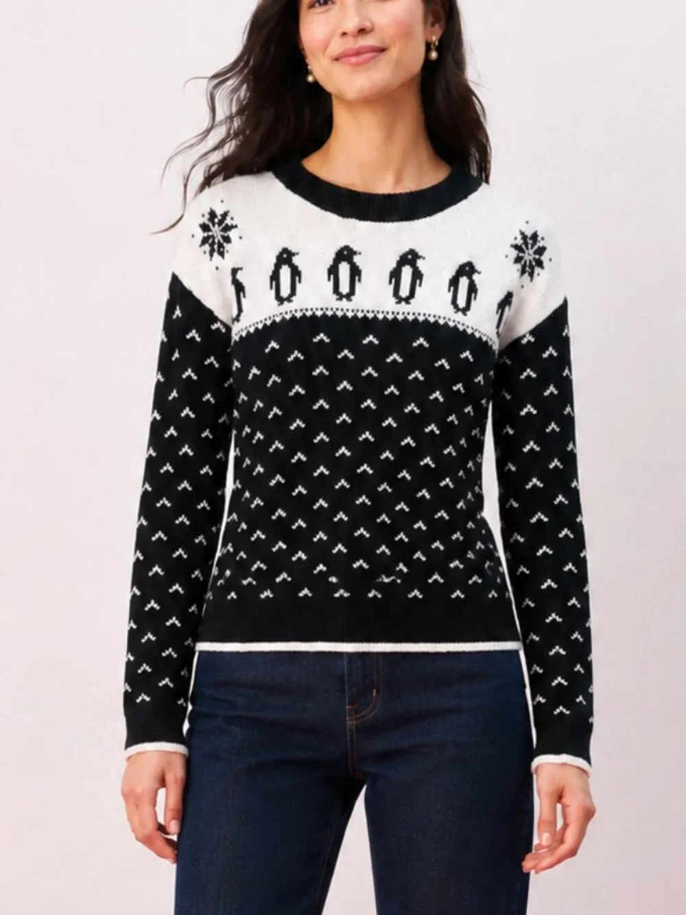 Kate Spade Penguin Intarsia Wool Blend Sweater White Black Large NJMU3093